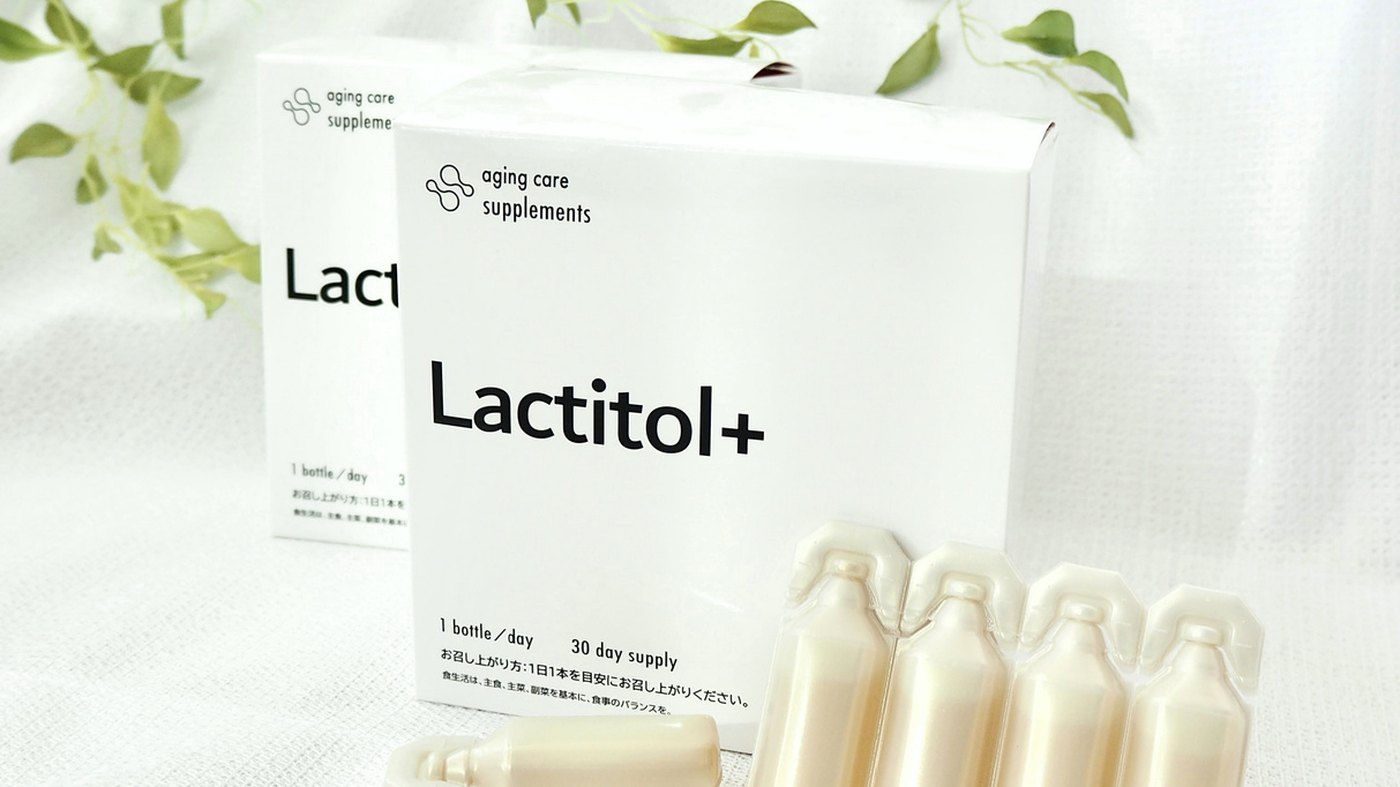 Lactitol+（ラクチトールプラス）の外箱と、10mLのドリンクボトル